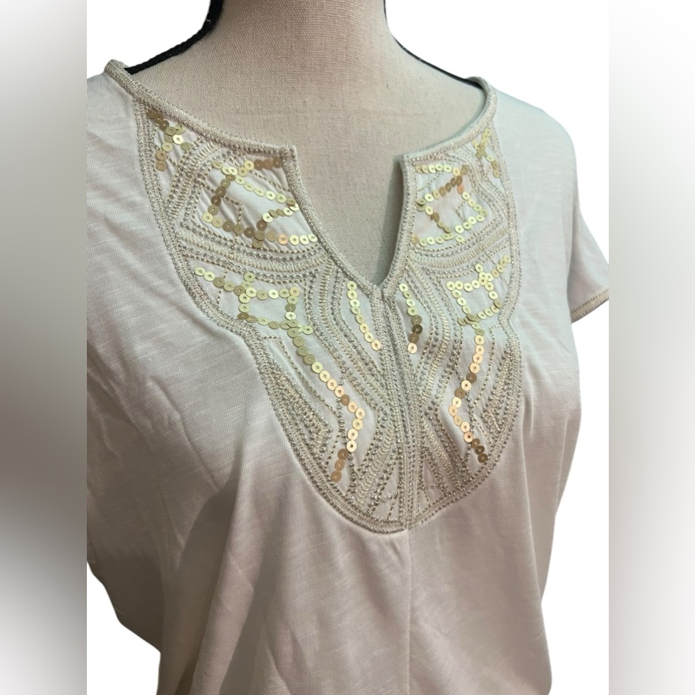 White House Black Market Draped Metallic Gold Embellished Split Neck Knit Top S